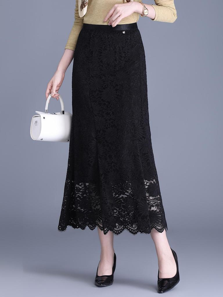 Black Lace Floral Mermaid Midi Skirt - 2026 Spring High-Waist, Slimming, Hip-Hugging Design