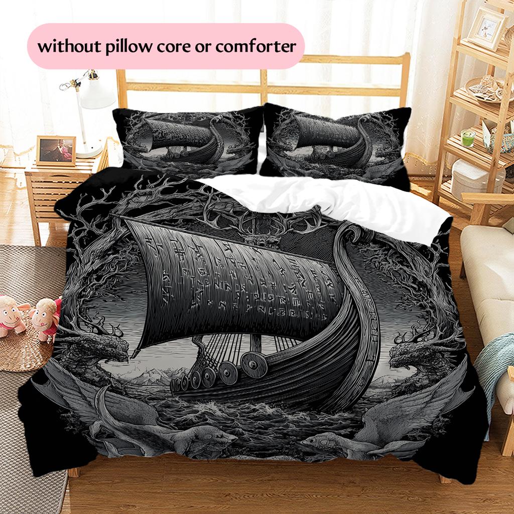 Viking Longship Pattern Bedding Home Decoration Birthday Gift (1 * duvet cover + 2 * pillowcase, without core)