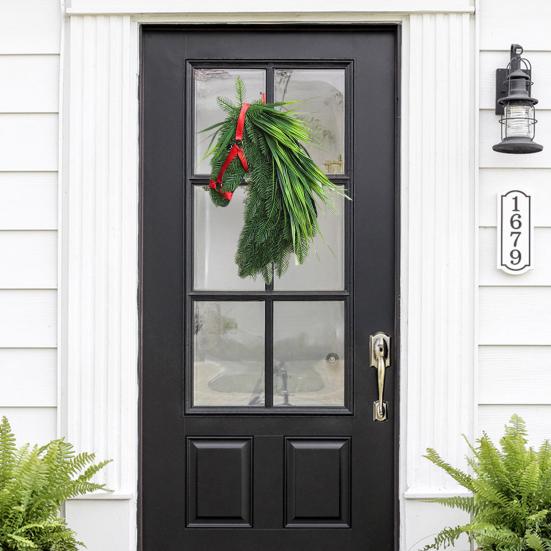 Horse Head Wreath Rustic Farmhouse Equestrian Front Door Decor Handmade Artificial Pine Branches Wreath with Red Ribbon for Wall Window Porch Decor
