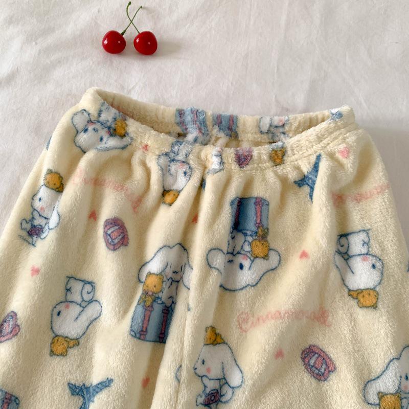 Korean Style Women's Cartoon Flannel Sleep Pants - Wearable Outdoors for Autumn and Winter 2025