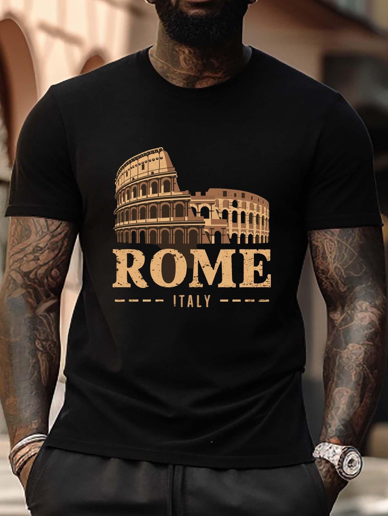 Plus Size Black Colosseum Rome Italy Graphic T-shirt - Distressed Golden Lettering S