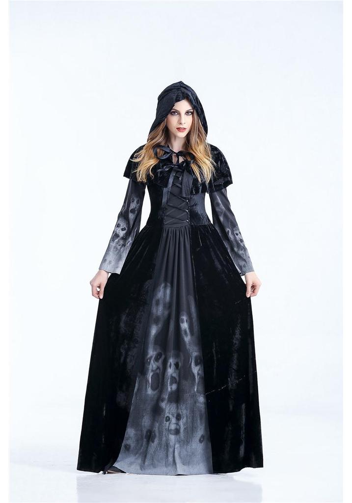 Halloween Grim Reaper Long Dress Costume for Women - Skeleton Vampire Role-Play