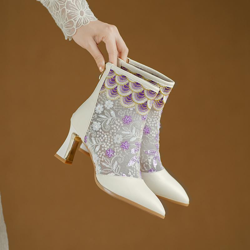 Krazing Pot Cow Skin Pointed Toe Summer Boots Fashion Air Mesh Bling Patch Appliques High Heels Embroidery Ankle Boots
