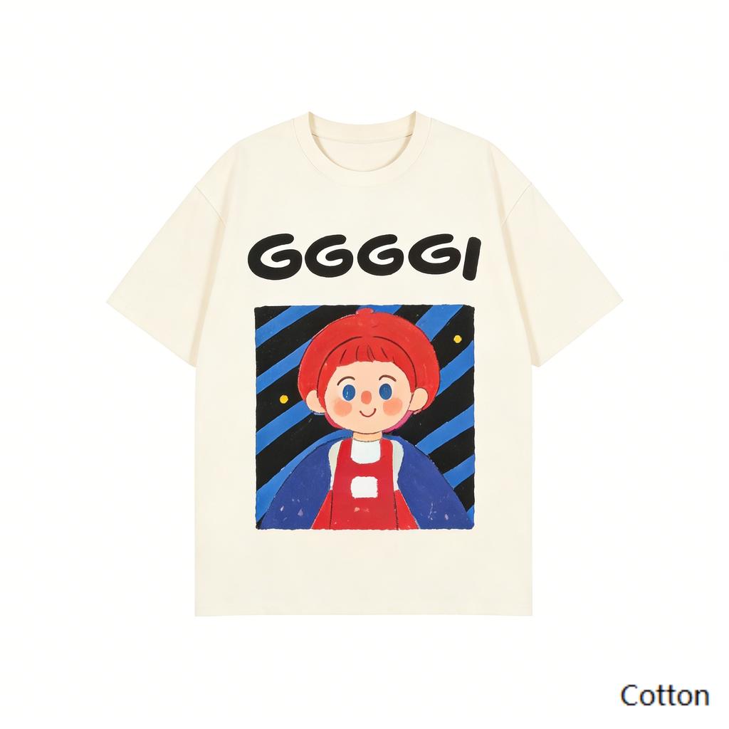 Red Hair Cartoon Boy & GGGGI Letter Print Cotton T-Shirt, Unisex Loose Fit Casual Tee, Soft Comfy Daily Streetwear for Men Women