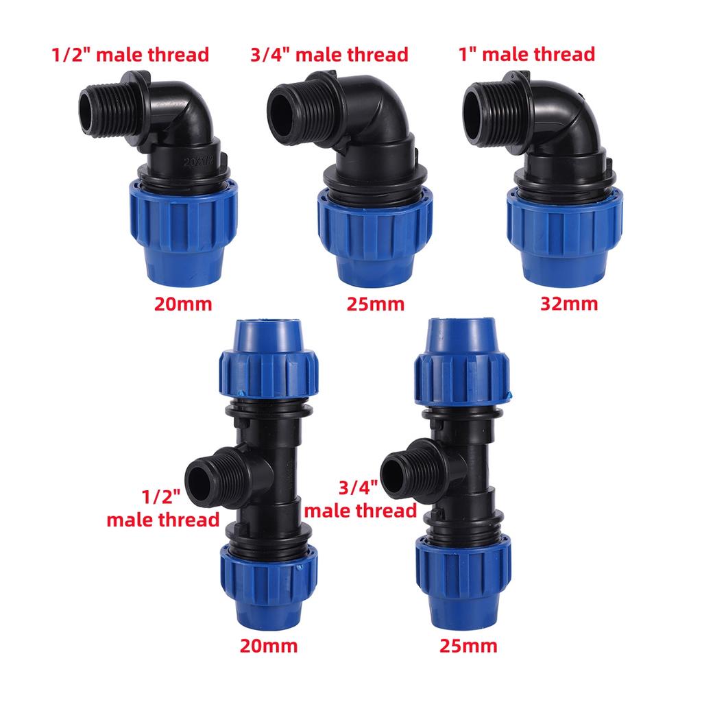 Conector Rápido para Tubería de PE de 20/25/32 mm Rosca Macho de 1/2" 3/4" 1" Codo en T Junta de Reparación Riego de Jardín Suministro de Agua para Tierras de Cultivo 1/5 Piezas