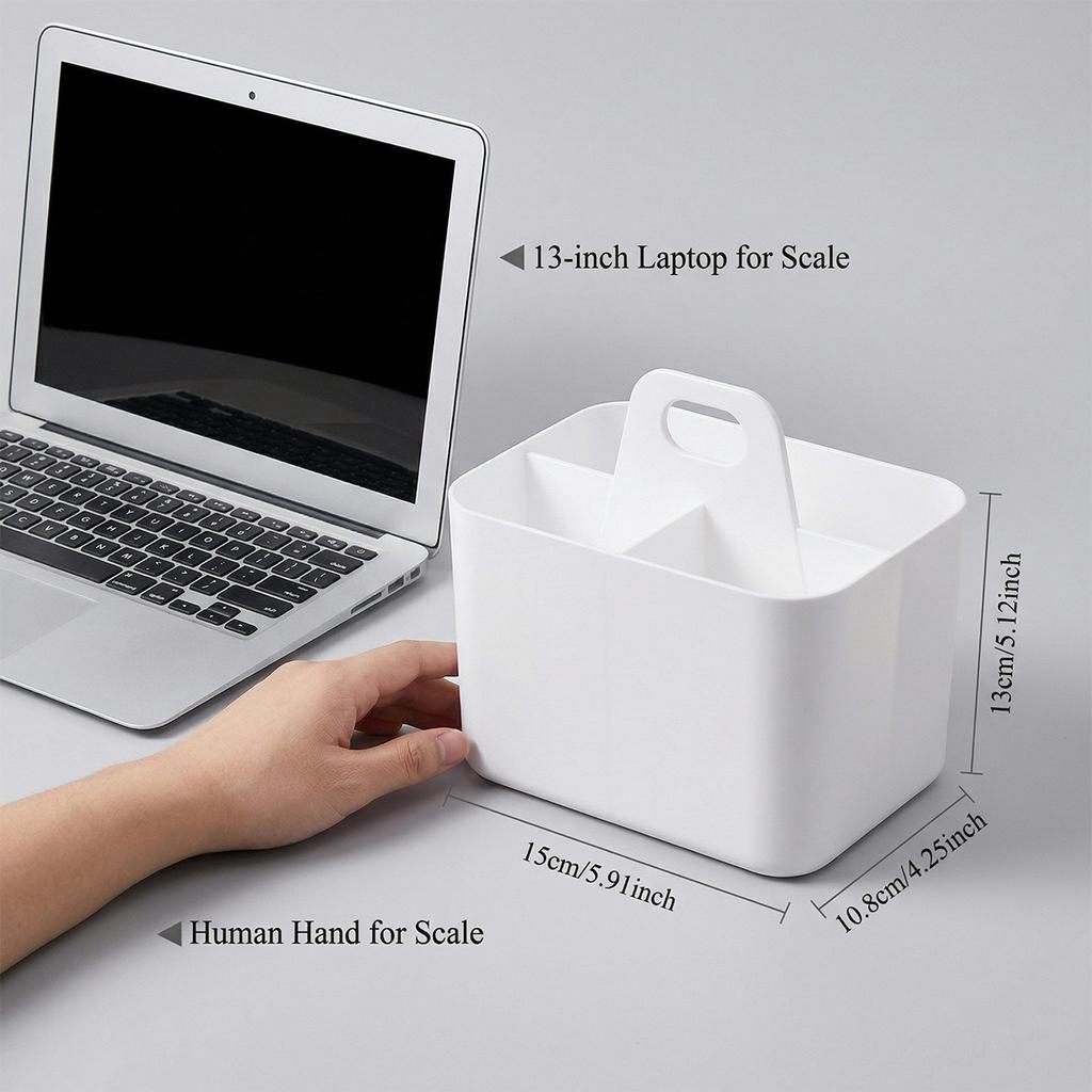 3-Compartment Desktop Storage Box with Handle, Portable Makeup Caddy Organizer for Countertop Skincare, Office Stationery Bin