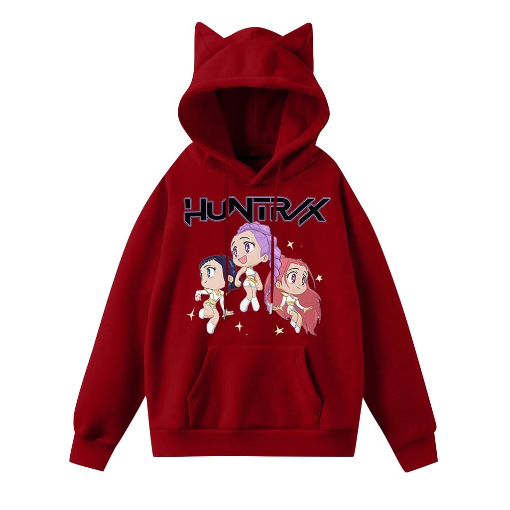 Damemote Casual Langermet trykt Rundhals hettegenser Pullover Topp med lommer