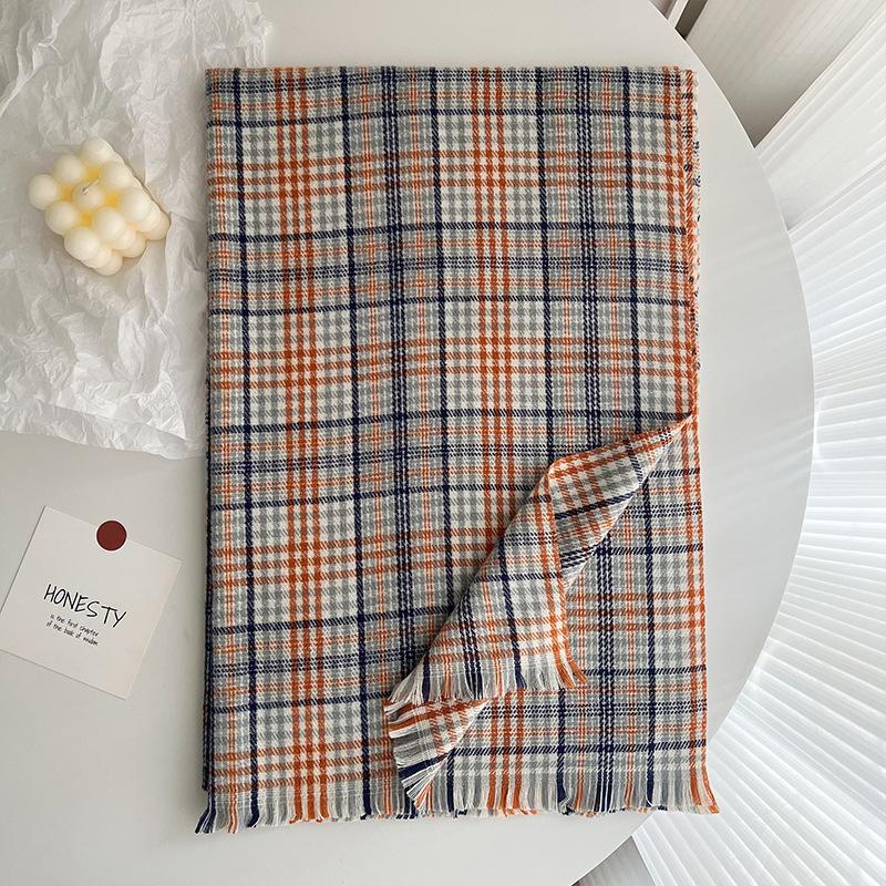 

Новый осенне-зимний простой клетчатый шарф для женщин, свежий утолщенный шарф для женщин, короткий клетчатый шарф с бородой для женщин ONE SIZE