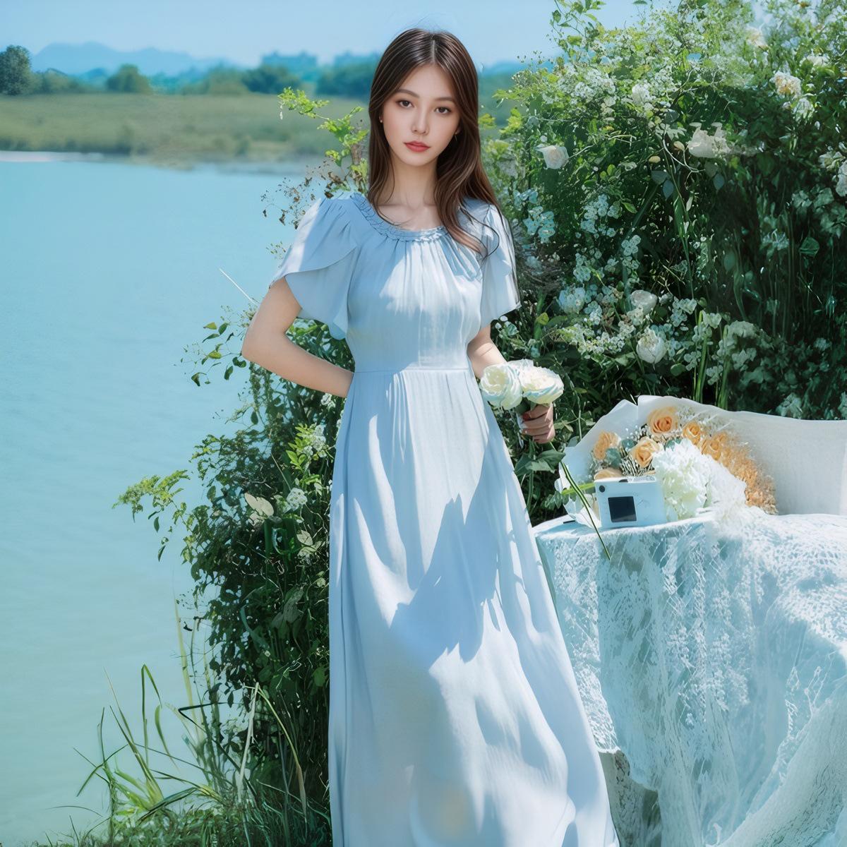 

Летнее платье 2025 года из французского синего шифона с воротником в виде листьев лотоса S светло-синий