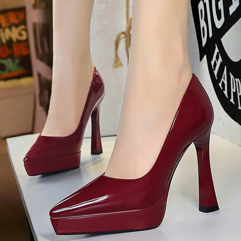 

BIGTREE Shoes Platform Pumps Women 12 CM Heels patent leather High Heels Thick Heel Ladies shoes pointed end Woman Pumps Fashion 34