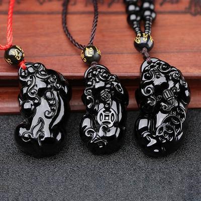 Natural Black Obsidian Pixiu Pendant Men's Necklace Women's Crystal Pendant Buddhist Bead Jewelry