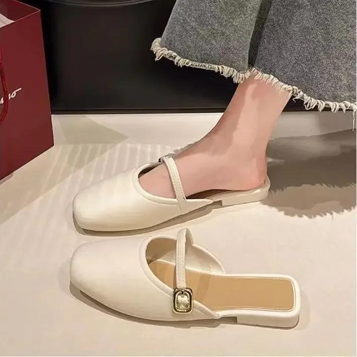 Fashion French Head Half Slippers Women Wear 2025 Spring Summer New Shallow Mouth All Soft Leather Mueller Shoes Beach Single Shoes