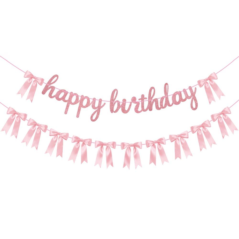 

12 Satin Bows Happy Birthday Banner Glitter Script Letters Ribbon Garland for Girls Birthday Party Pink Bow Banner