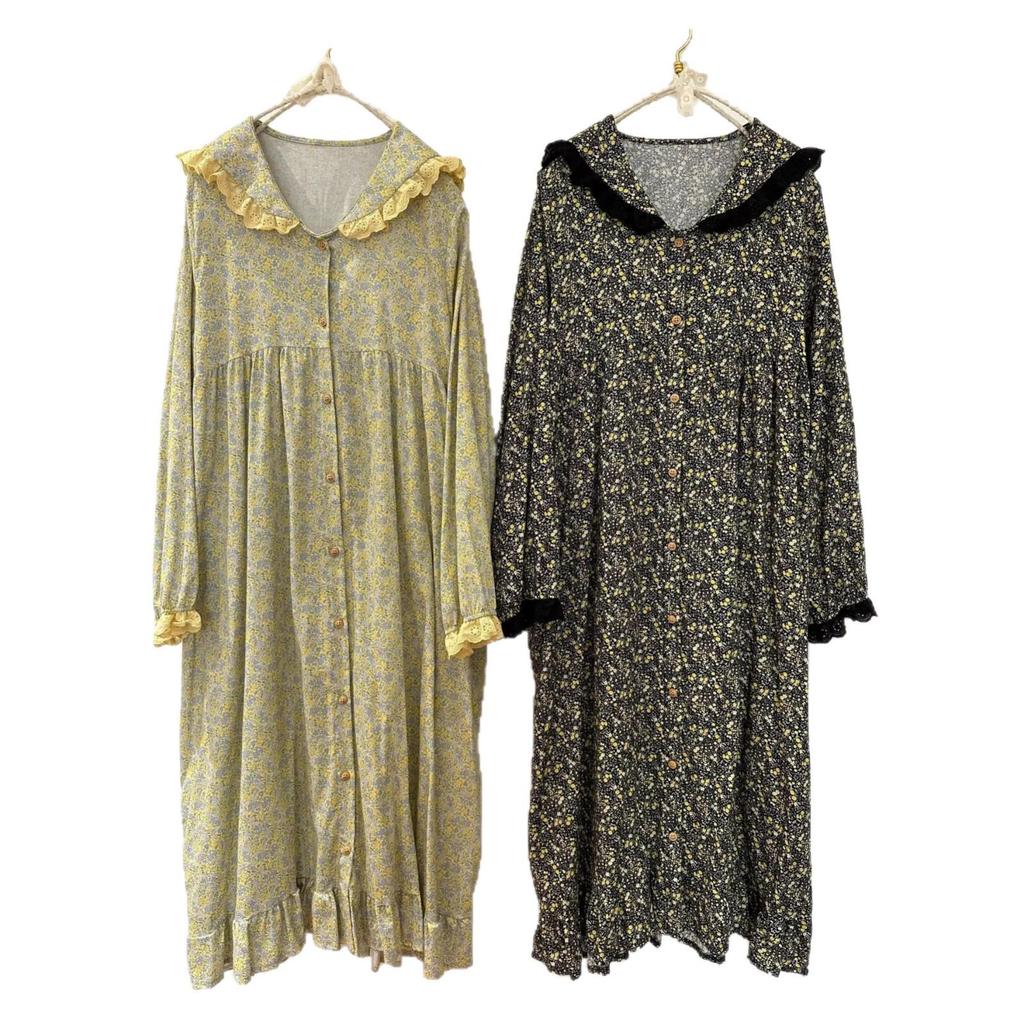 Spring Mori-kei Floral Navy Collar Long Sleeve Loose Casual Plus Size Cotton Linen Dress