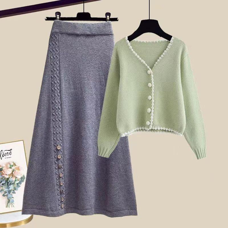 Zweiteiliges Set im koreanischen Stil für Frauen, grüne Pulloverjacke und Rock, Winteroutfit