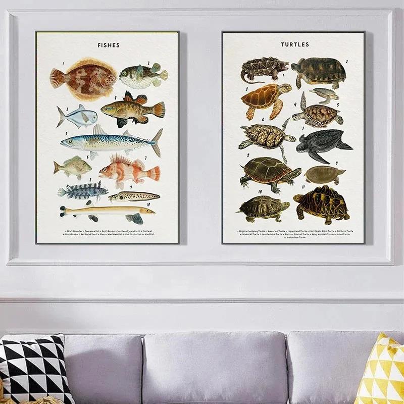 Marine Life Ocean Animals Whale and Shark Seashells Turtles Octopus Fish Poster Canvas Painting Wall Art Pictures Home Decor