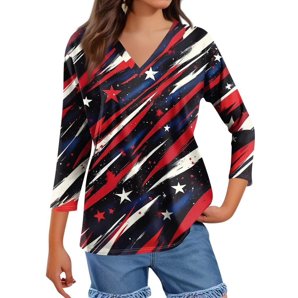 Women's Tops Three-quarter Sleeve Shirt V-neck Loose Casual Shirt Floral Print T-shirt