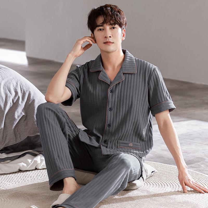 Summer Men's Short Sleeve Pajamas Set & Long Pants Male Loungewear Plus Size Cardigan Cotton Middle-aged Dad Pijamas Hombre