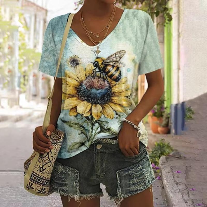 3D Print Women's T-shirt Bee Graphic Harajuku Clothing Female Casual Streetwear Summer V-Neck Oversized Short Sleeve Shirt