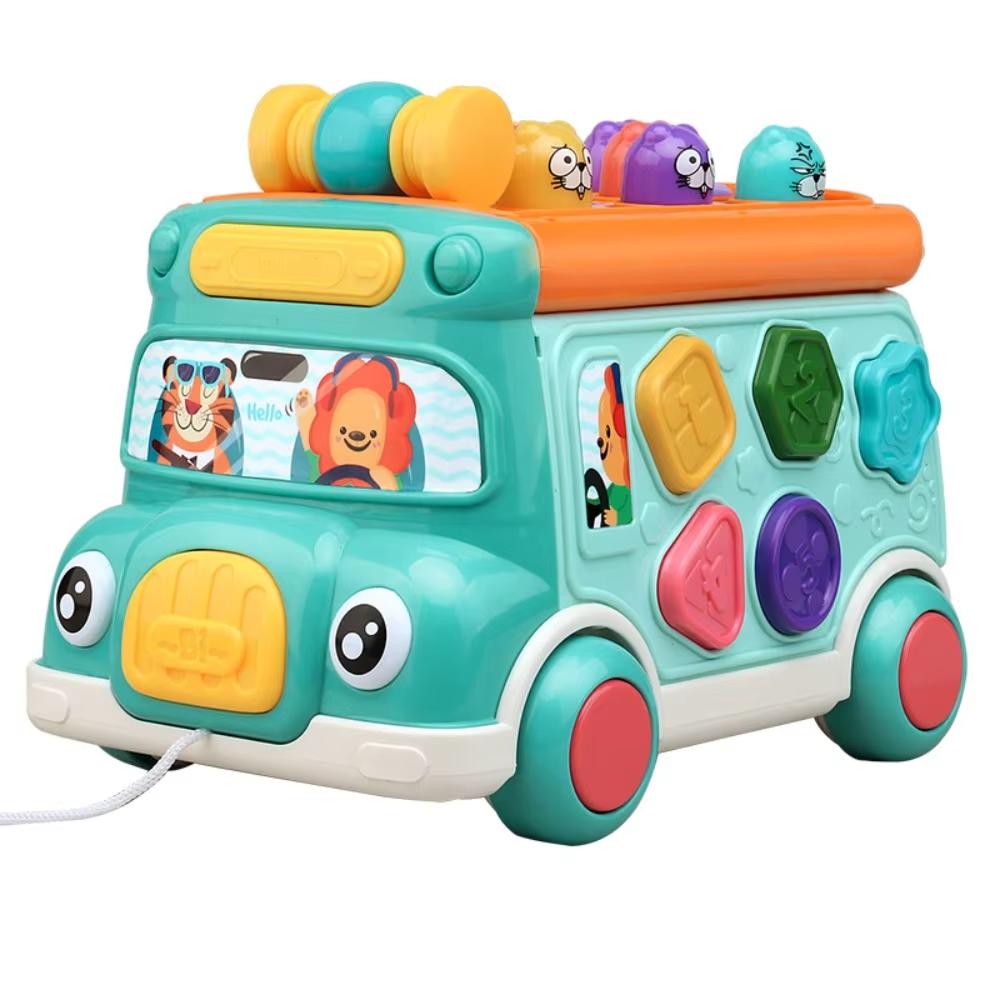 Plastic Music Activity Bus Baby Montessori Interactive Game Bus Music Educational Toys Light Multifunctional Whack-a-Mole Toys