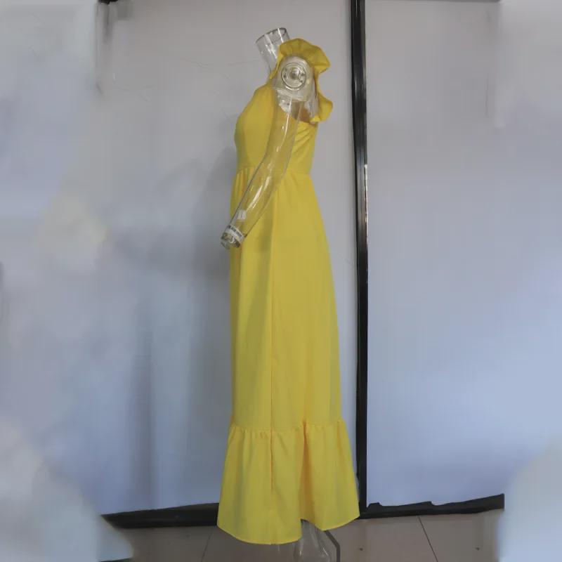 Bright Yellow 2025 Summer Women's Evening Beach Dress, Sexy Flying Sleeve, Long, Size 5XL