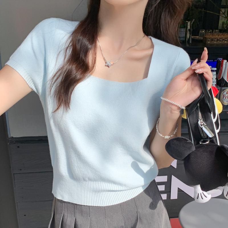

Летняя новая тонкая трикотажная футболка с коротким рукавом женская винтажная облегающая с квадратным воротником женская футболка элегантная однотонная простая женская футболка одежда 26233 One Size синий