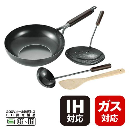 Yokoyama Souen Stir-fry Pan, 28cm, SE-54, with Ladle, Jar, and Bamboo Spatula, Induction and Gas Compatible, Made In Japan