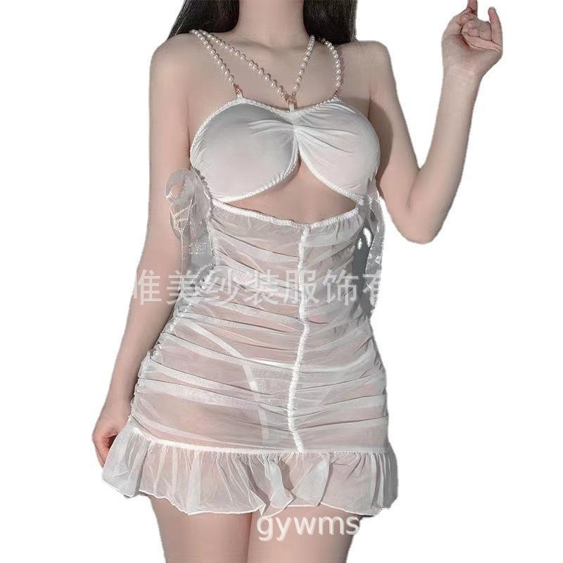 Sex underwear women's hot perspective mesh yarn seduction pearl suspender nightdress pure lace pleated mesh hip skirt