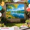 Spring Lake Nature Tapestry, Yellow Flower & Green Tree Background Cloth, Calming Landscape Wall Decor