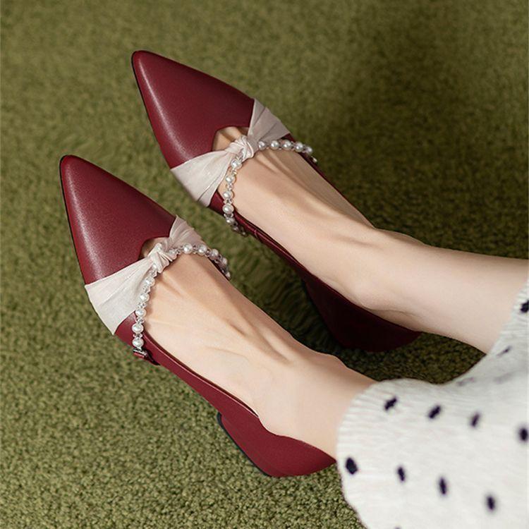 French retro beaded thick heel single shoes women's spring and autumn new one-pedal matte light mouth versatile low heel ladyshoes tide