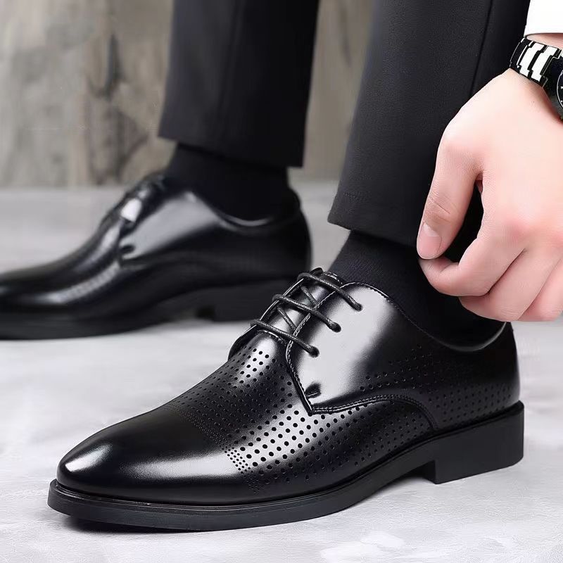 Leather Shoes Men's Summer Business Casual Leather Men's British Dress Black Soft Sole Hollow Breathable Cool Leather Shoes