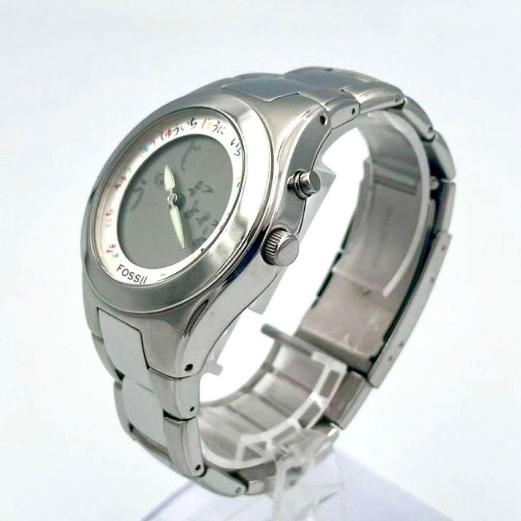 Used 901 Rare New Battery FOSSIL Big Chick Hiragana Dial Ana-Digi Watch Quartz Men's Silver Working