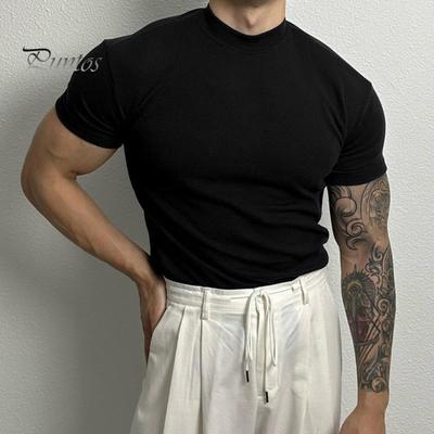 Camiseta masculina de verão, cor sólida, fio, ajuste fino, elástico, secagem rápida, manga curta, absorção de suor, gola fina, pulôver, academia, treinamento diário