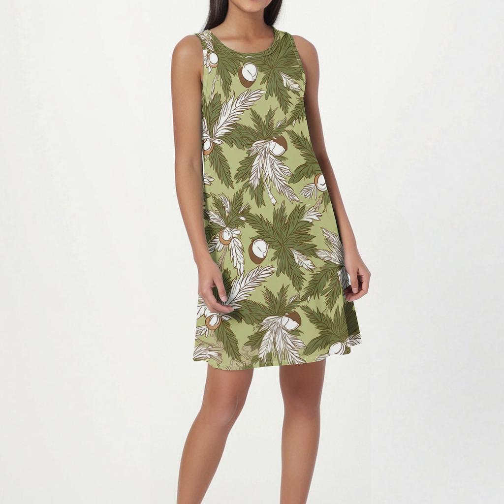 Women's Fashion Beach Dress Sleeveless Round Neck Floral Print Dress