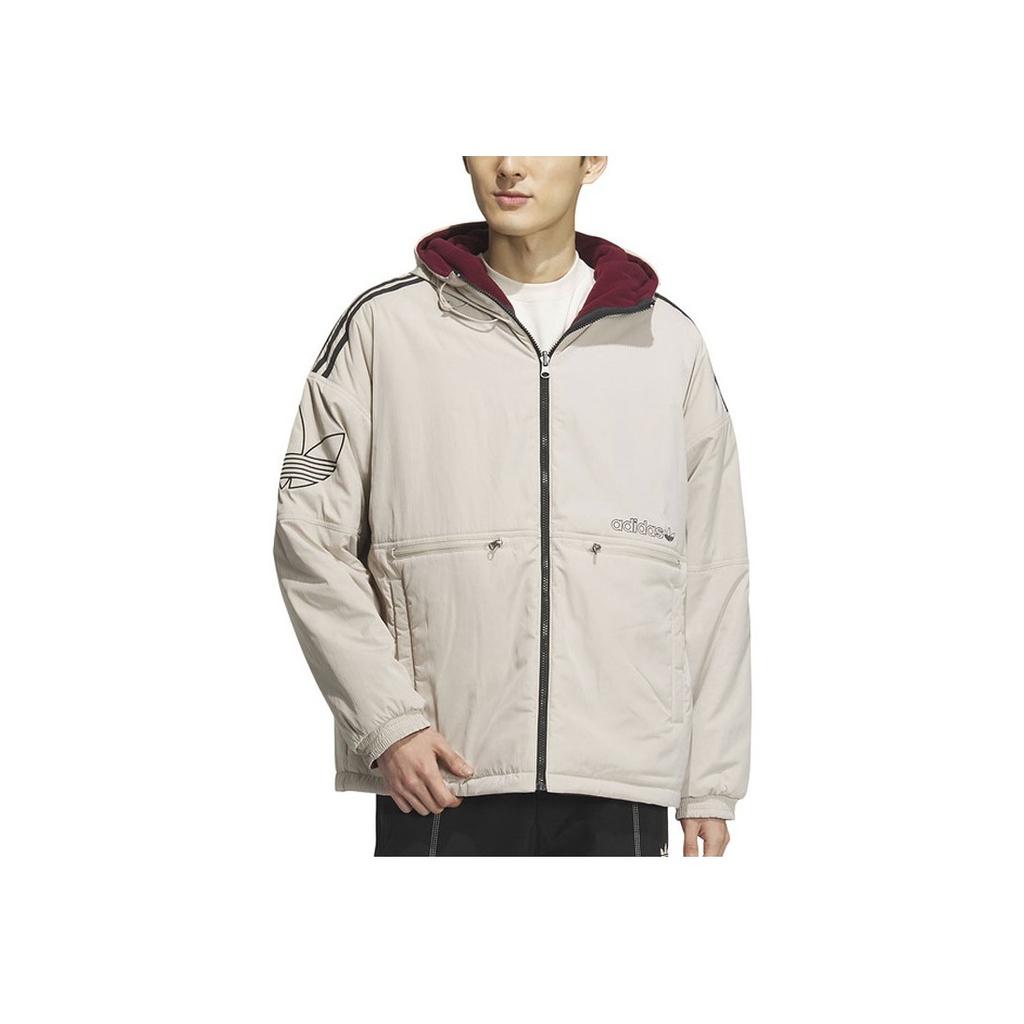 adidas Originals Logo Embroidered Reversible Hooded Cotton Jacket Men Tops Beige IU4786