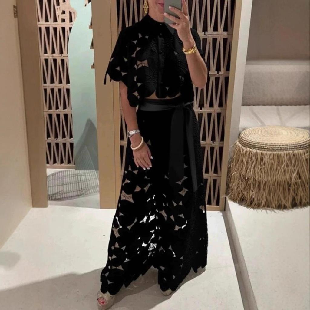 2025 Léto Elegantní Krajkové Dírkované Tričko a Dlouhé Kalhoty Set