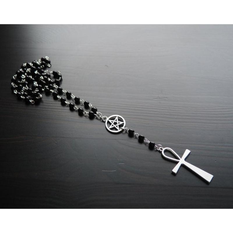 Egirl Jewelry Cool Black Beads Cross Star Pendant Necklace DIY Fashion Choker Y2K Necklace for Women Punk Accessory