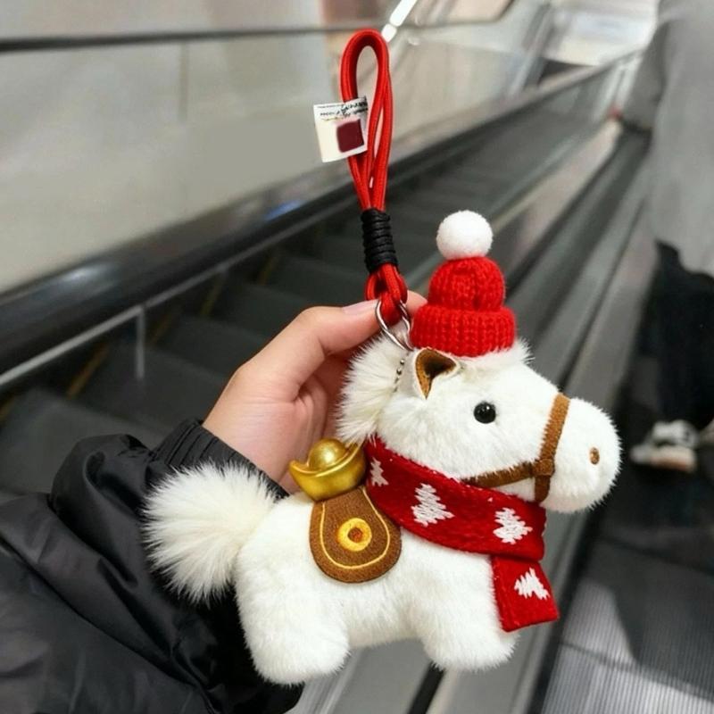 Adorable Plush Horse Mascots Keychain Featuring Festive Knitted Cap Scarf and Lucky Gold Ingot for Holiday Car Ornament Decoration