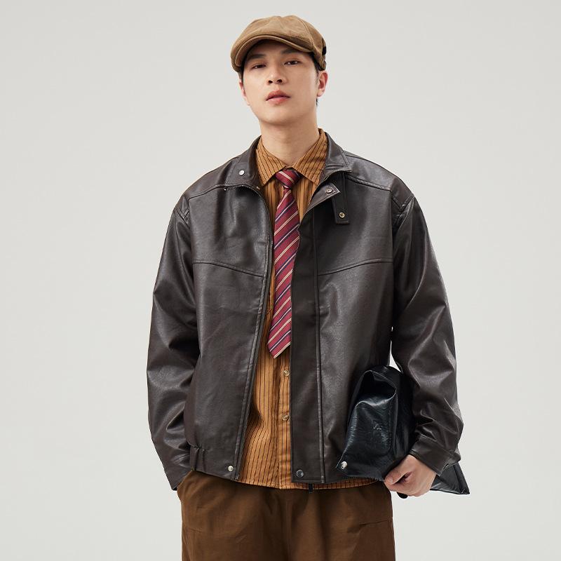 

Винтажная однотонная универсальная куртка из искусственной кожи, мужская свободная куртка большого размера с воротником-стойкой, повседневная куртка из байкерской кожи XL коричневый