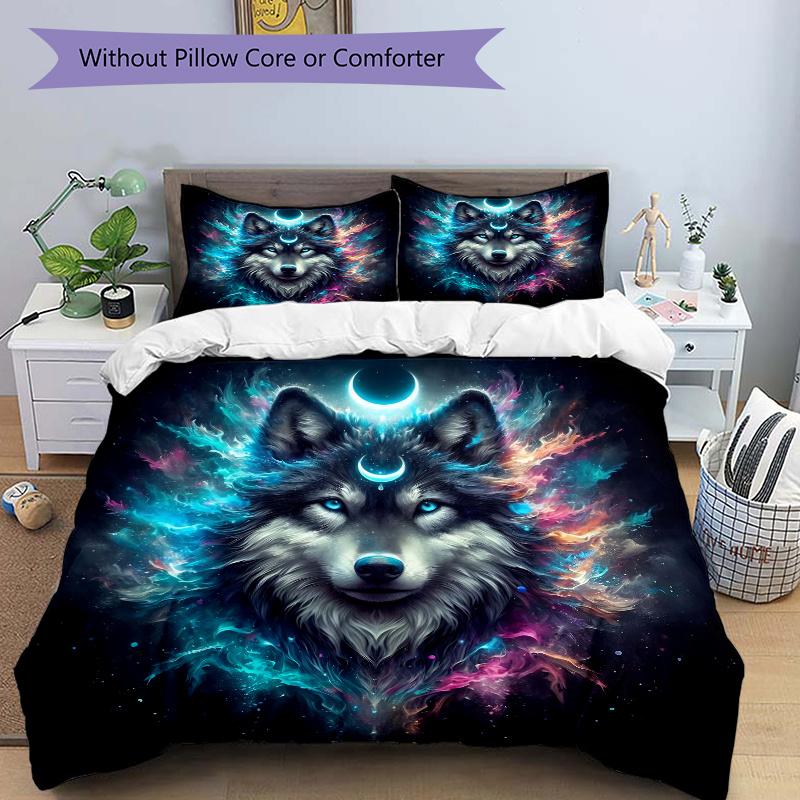 3pcs Moons and Vibrant Cosmic Flames Wolf Quilt Cover Set - Soft and Cozy Bedroom, Guest Room and Dorm Decorative Bedding