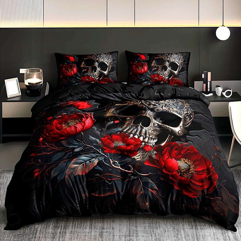 Fashion Gothic Skull Floral Duvet Cover Set Soft Breathable Hd Printing Bedding Set For Home Dorm Decor