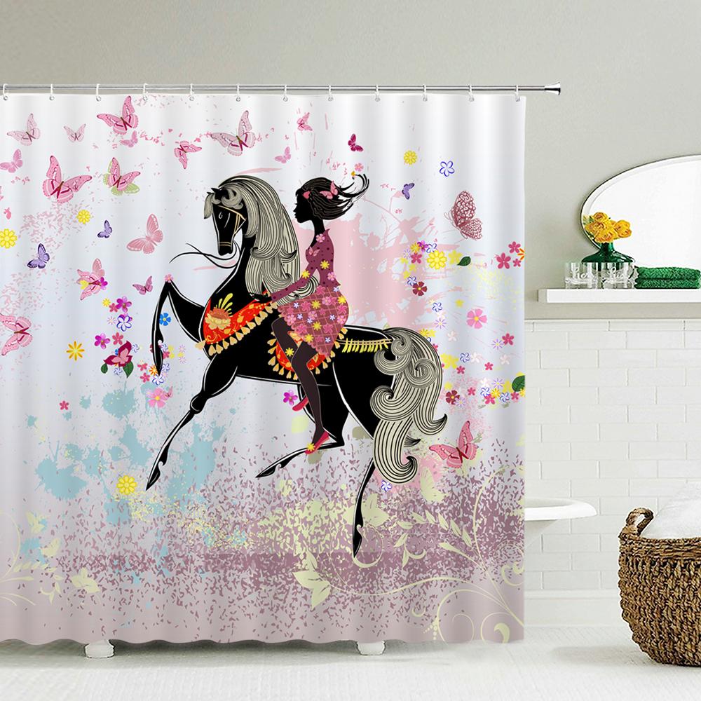 Butterfly Flower Girl Bathroom Curtain Polyester Waterproof Fabric Shower Curtain Valentine's Day Heart Pattern Bathtub Screen