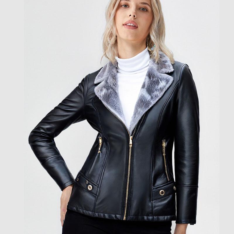 Winter Women's Fleece Leather Jacket Thick Warm PU Leather Jacket Slim Turn Down Collar Flocked Plus Size Leather Coat