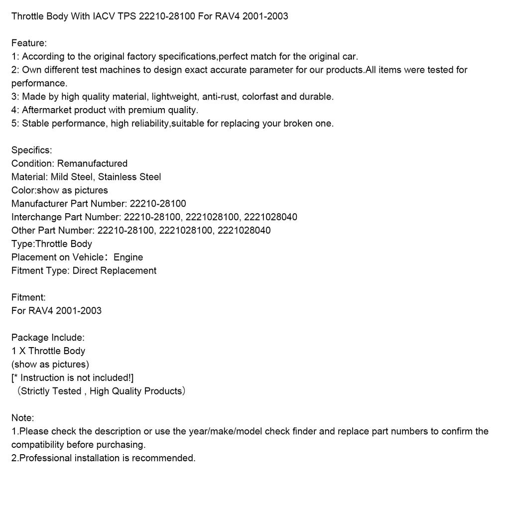 Throttle Body With IACV TPS 22210-28100 For Toyota RAV4 2001-2003