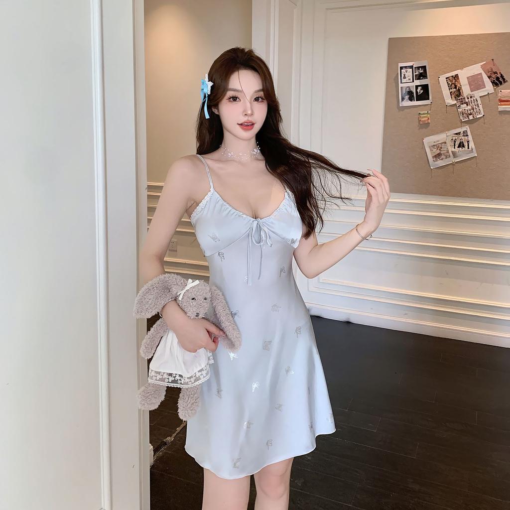 New sexy nightgown women's summer suspender ice silk pajamas ins print pure desire pajamas with chest pads