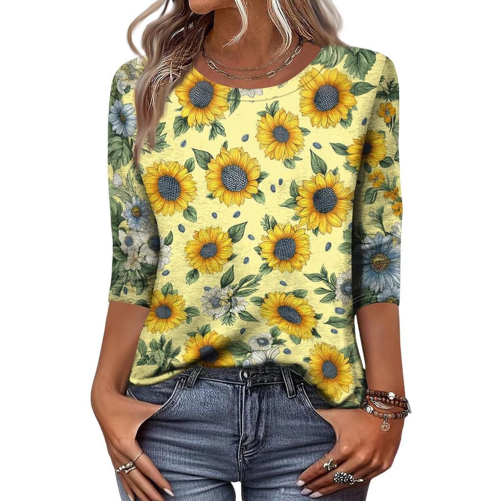 Women's Fashion Casual Round Neck 3/4 Sleeve Loose Printed T-Shirt Ladies Top
