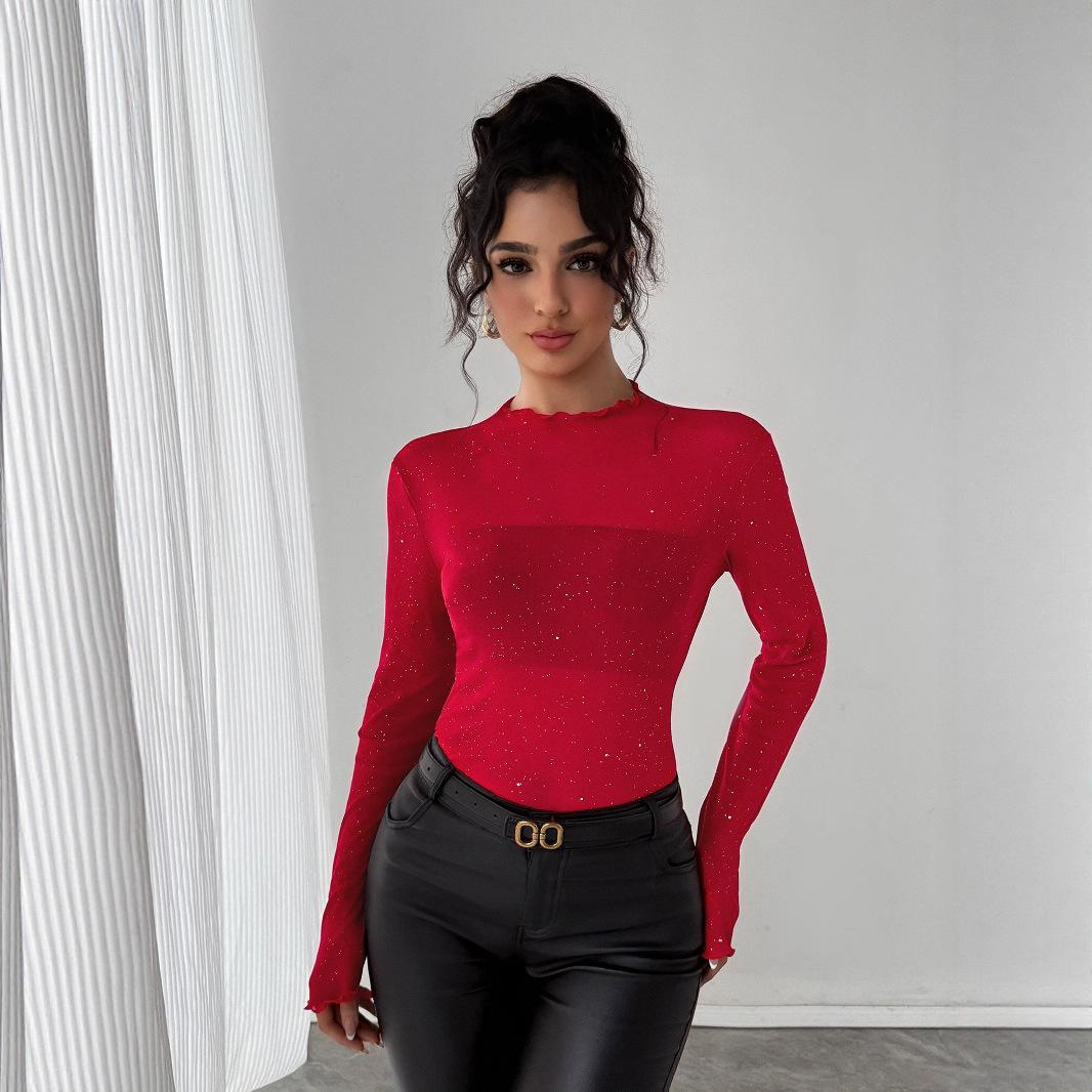 

Осень 2025 Новый Топ с пайетками для женщин Приталенный Длинные рукава Блестящий Блестящий Тонкий Топ для работы S красный
