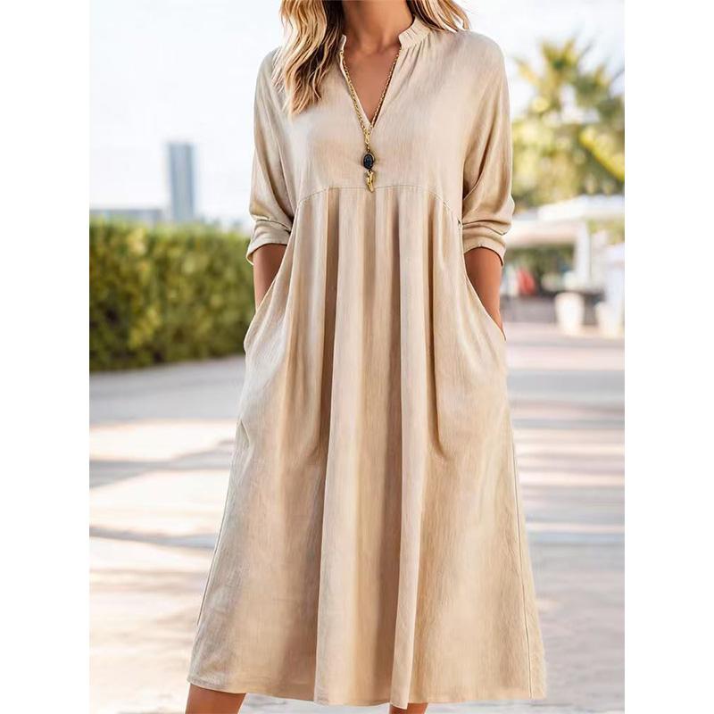 Women s V-Neck Linen Long Sleeve Dress with Pockets Relaxed Fit Casual Vintage Style Midi S хаки