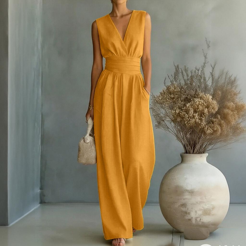 Damen V-Ausschnitt Ärmellos Weiter Bein Jumpsuit Elegantes Taillen-Outfit für Freizeit oder Formelle Anlässe
