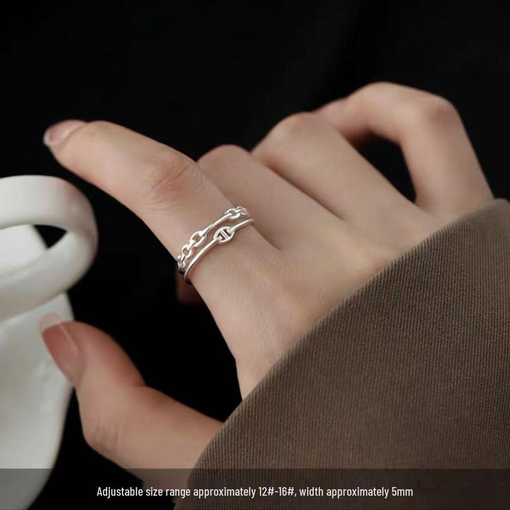 925 Sterling Silver Double Layer Pig Nose Open Ring - Women's High-Grade Plain Band for Index Finger, Niche Design